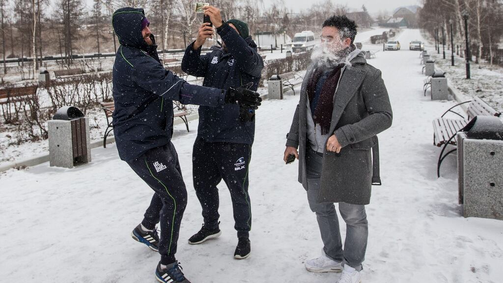 Aly Muldowney throws a snowball at Denis Buckley as Connacht players explored the Siberian city of Krasnoyarsk before their Challenge Cup match with Enisei-STM. Photo: James Crombie/Inpho