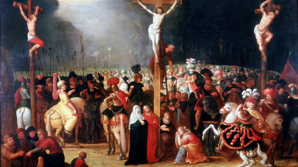 ‘Christ on the Cross between the two Thieves’, 17th century. At the foot of the cross are the Virgin Mary with St John the Apostle (left) and Mary Magdalene and Mary the wife of Cleophas (right). From the Musee des Beaux Arts, Pau, France. Photograph: Art Media/Print Collector/Getty Images