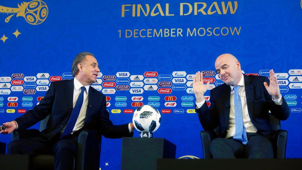 Russia’s deputy prime minister Vitaly Mutko, who is also heading up the World Cup organising committee, pictured with Fifa president Gianni Infantino during last week’s draw in Moscow. Photograph: Sergei Chirikov/EPA