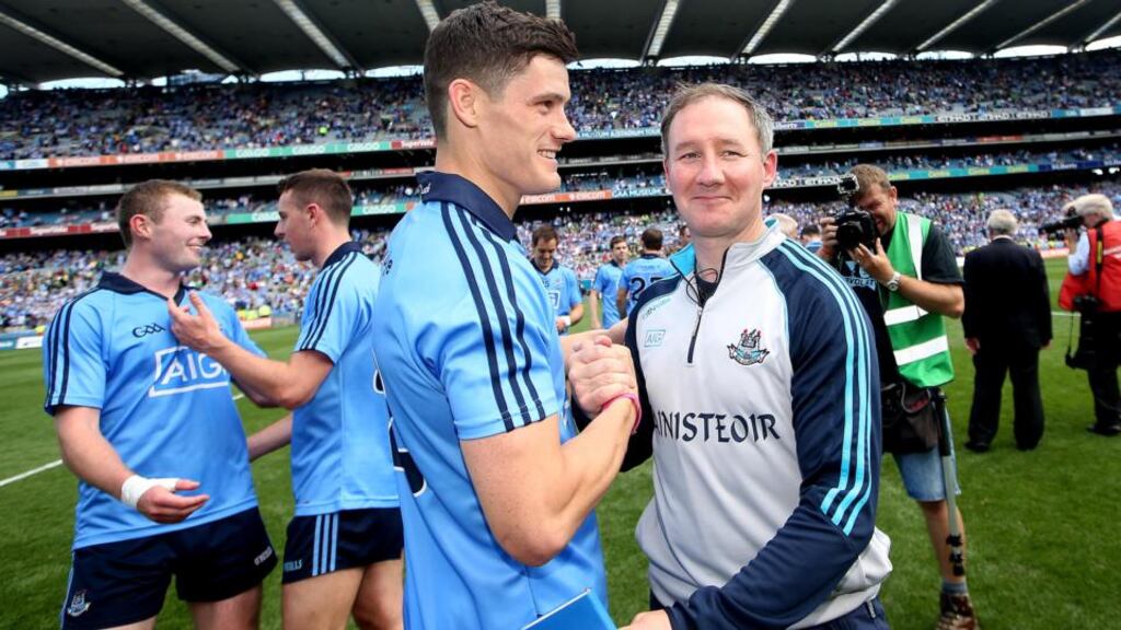 Diarmuid Connolly and Jim Gavin celebrate Dublin’s Leinster Final win at Croke Park in 2014. Photograph: James Crombie/Inpho