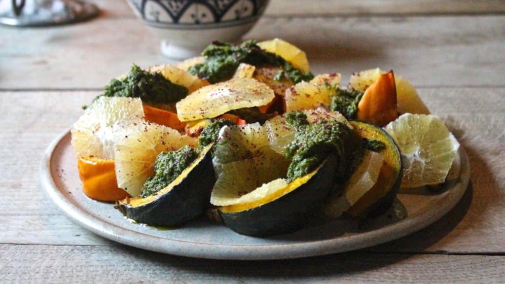 Warm roasted squash and ruby grapefruit salad with salsa verde
