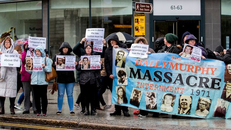 Members and supporters of the Ballymurphy families staging a counter protest to the supporters of Solider F, outside Belfast City Hall. Photograph: Liam McBurney/PA Wire