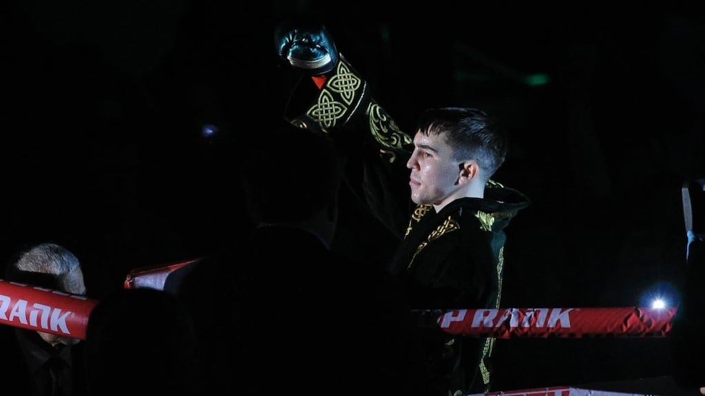 Michael Conlan makes his entrance to the ring ahead of his featherweight fight against Ruben Garcia Hernandez at Madison Square Garden in New York on Sunday night. Photograph: Emily Harney/Inpho