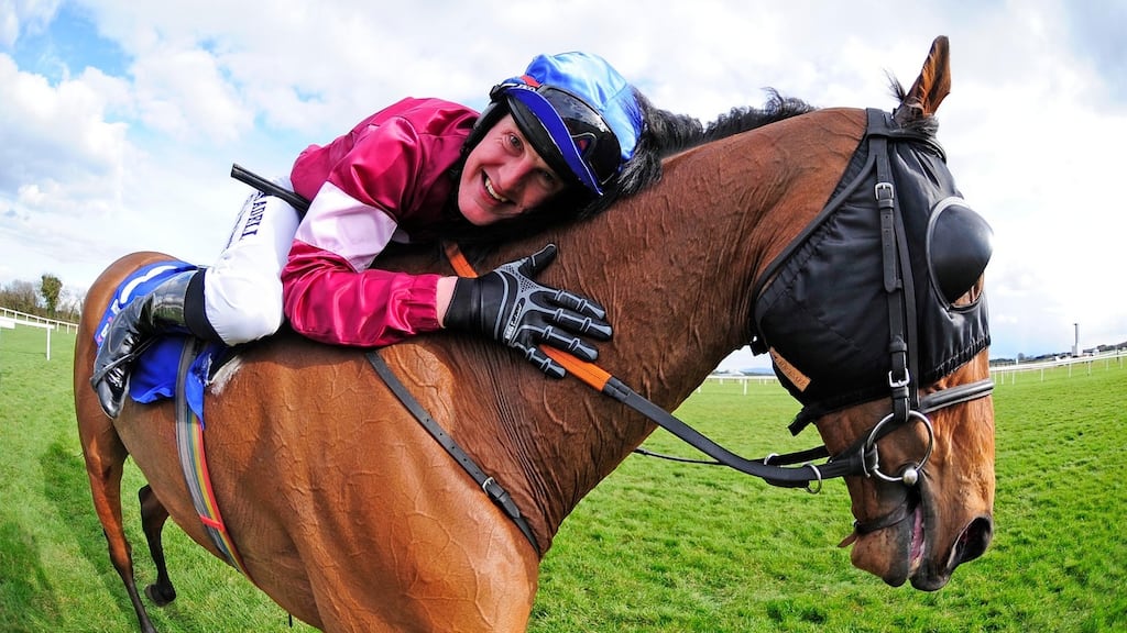 Ger Fox celebrates on Rogue Angel after winning the Boylesports Irish Grand National Chase at the Easter Festival at Fairyhouse. Photograph: PA Wire