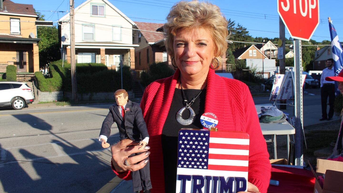 Marianne Stearns (61), a Women For Trump representative for the northern part of Allegheny County, attending the Republican presidential candidate’s rally in Ambridge, Pennsylvania on Monday. Photograph: Simon Carswell