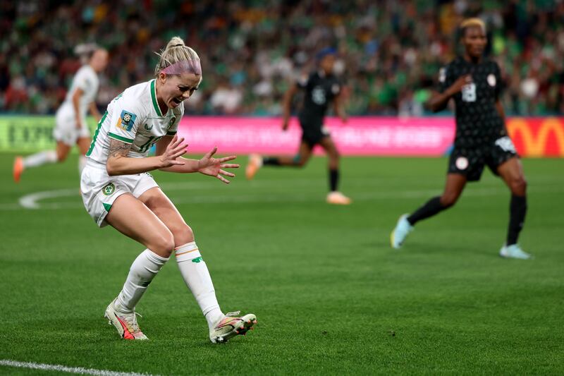 Ireland's Denise O'Sullivan reacts after a missed chance during the game against Nigeria. Photograph: Isabel Infantes/PA Wire