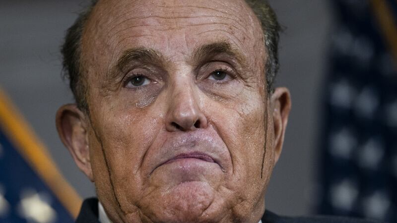 Hair dye runs down Giuliani’s face during a recent speech at the Republican National Committee headquarters. Photo: Drew Angerer/Getty Images