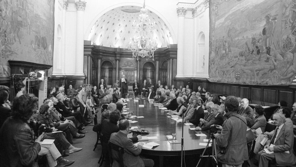 Taoiseach Garret FitzGerald addresses the first gathering of Aosdána in April 1983 in the former Irish House of Lords, now part of the Bank of Ireland. Photograph: Pat Langan