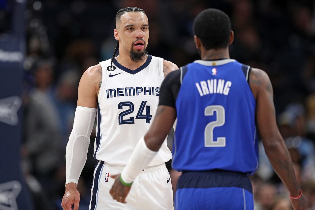 Dillon Brooks of the Memphis Grizzlies is renowned for his trash-talking towards opponents such as Dallas Mavericks star Kyrie Irving (right). Photograph: Justin Ford/Getty Images