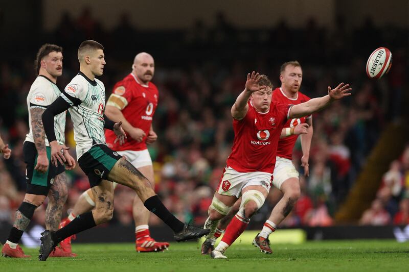 Ireland outhalf Sam Prendergast during the Six Nations match against Wales at the Principality Stadium in Cardiff. Photograph: Adrian Dennis/AFP via Getty Images
