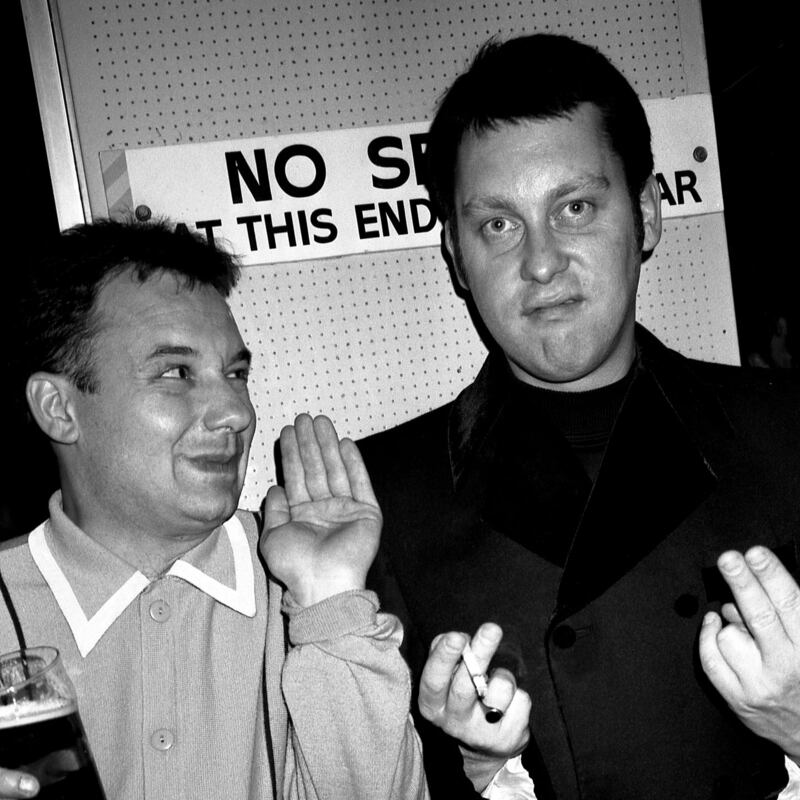 Vic Reeves and Bob Mortimer by the main bar of the Hacienda, Manchester, England, in 1989. Photograph: Peter J Walsh/PYMCA/Avalon/Universal Images Group via Getty Images