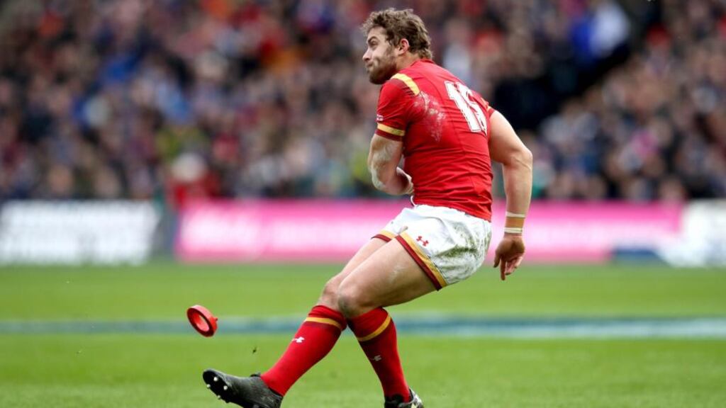 Leigh Halfpenny kicks a penalty during the Six Nations match against Scotland at Murrayfield. Photograph: Ryan Byrne/Inpho