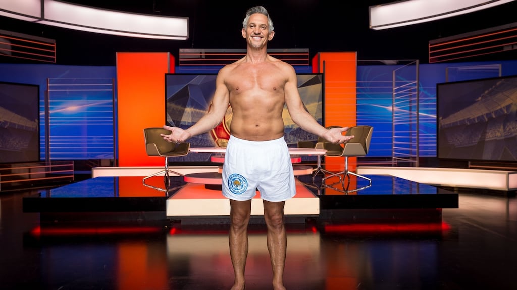 Gary Lineker presenting Match of the Day in his underwear after he vowed to do so if underdogs Leicester City won the Premier League. Photograph:  Guy Levy/BBC/PA Wire