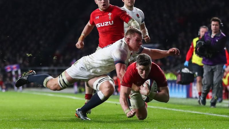 Sam Underhill stops Scott Williams from scoring during England’s narrow win over Wales at Twickenham. Photograph: James Crombie/Inpho