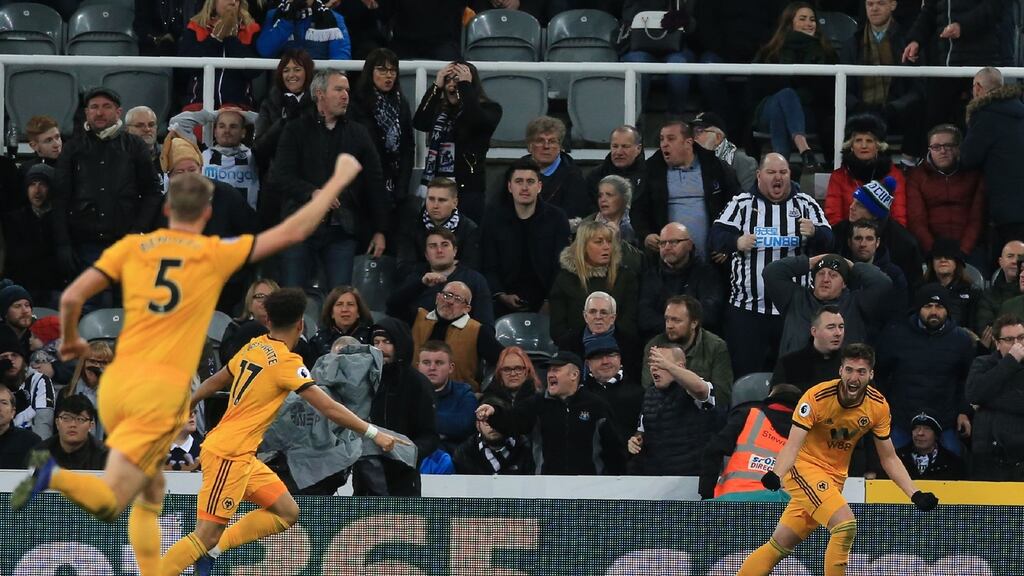 Wolverhampton Wanderers’ Matt Doherty (R) celebrates with teammates after scoring their late winner during Premier League win over Newcastle United. Photo: Lindsey Parnaby/Getty Images