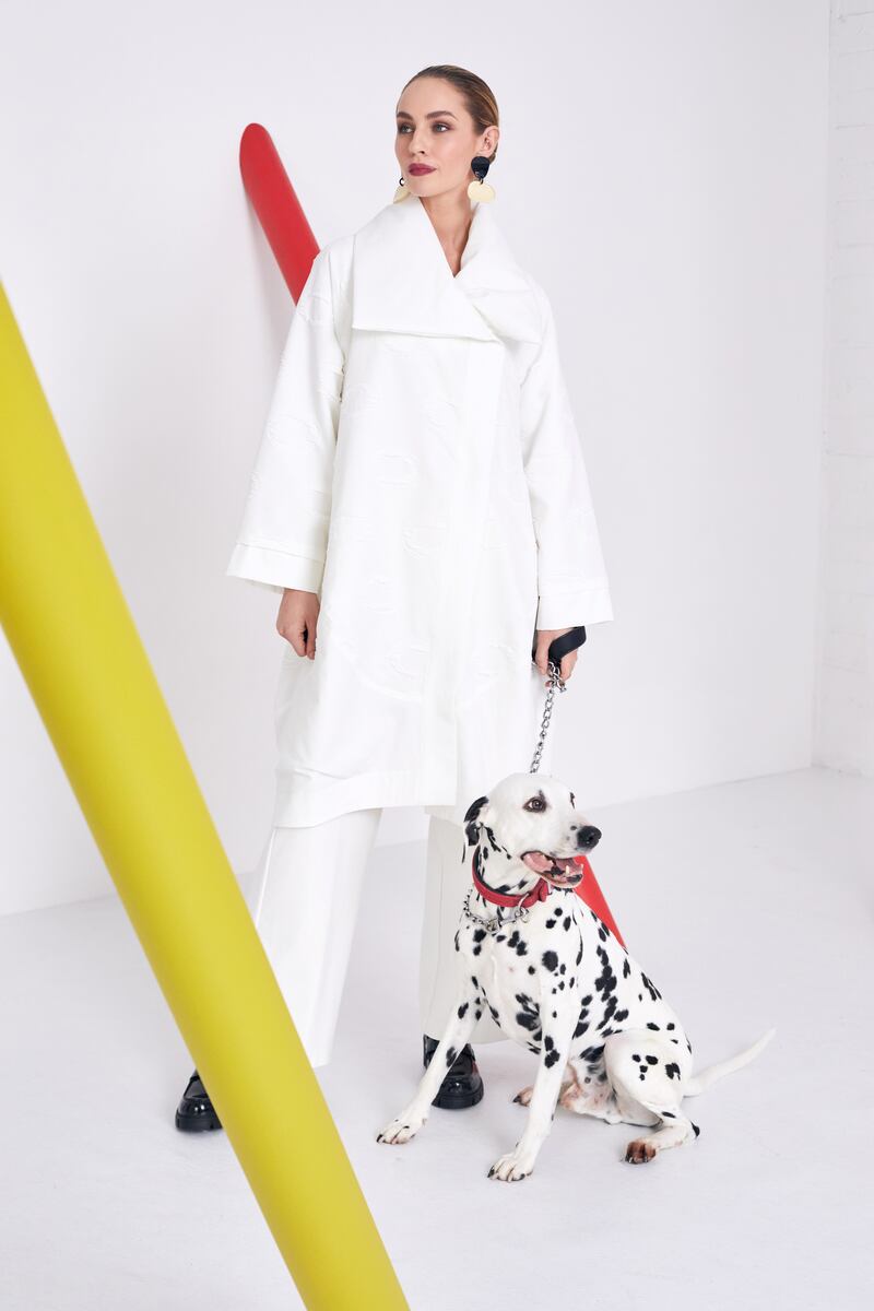 Wide leg trousers €101, shawl collared oversize jacquard coat €260