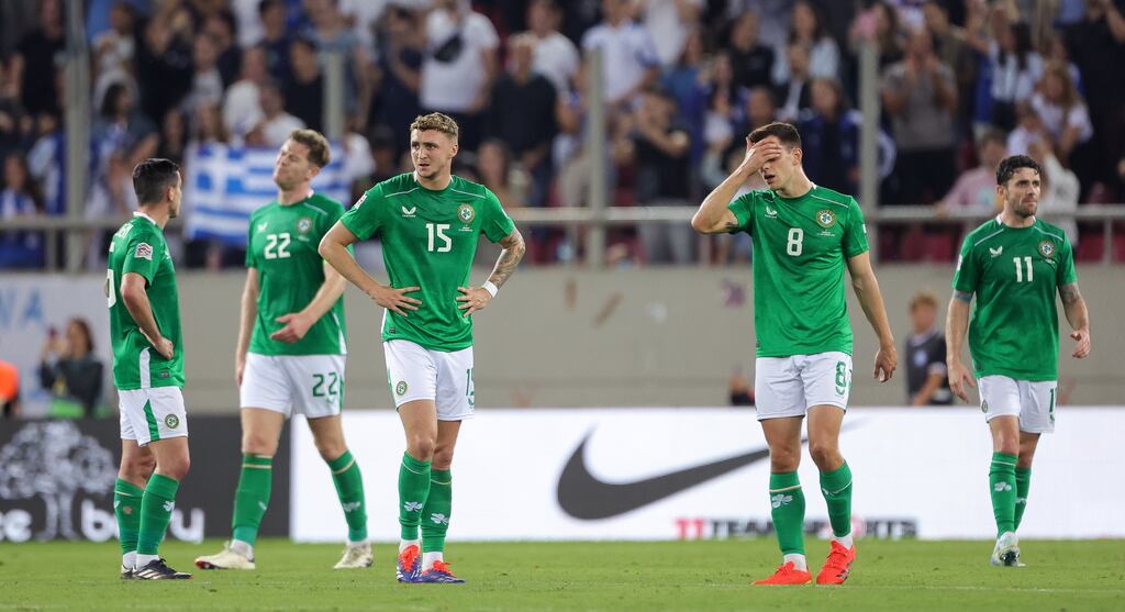 Ireland’s Jack Taylor and Jayson Molumby dejected after they conceded their second goal in Greece. Photograph: ©INPHO/Nikola Krstic