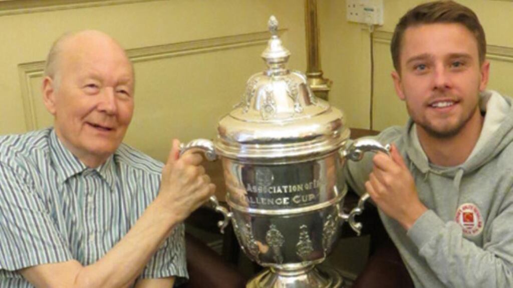 Tommy Dunne pictured with St Patrick’s Athletic captain Ger O’Brien after the club’s FAI Cup victory over Derry City last season. Photo courtesy of St Patrick’s Athletic