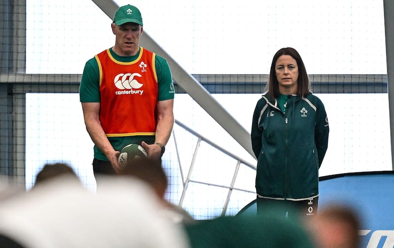 Paul O'Connell, left, and performance psychologist Caroline Currid during an Ireland rugby squad training. Photograph: Brendan Moran/Sportsfile