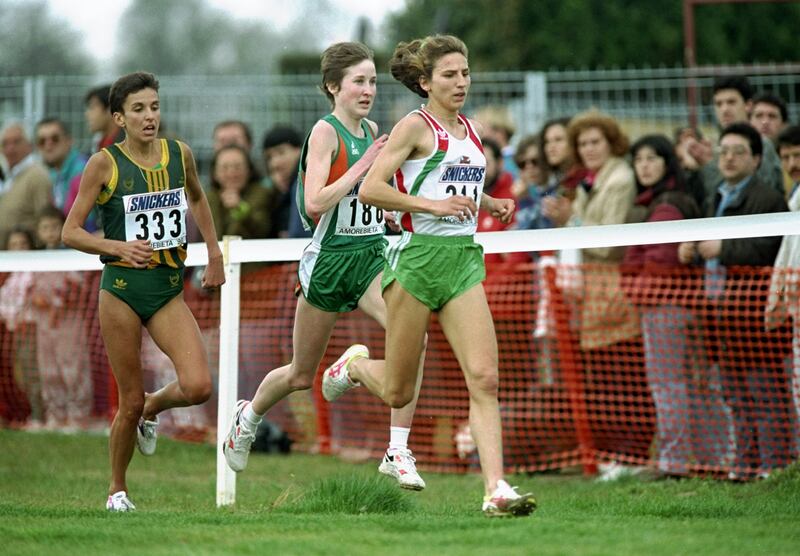 Albertina Diaz of Portugal leads Elana Meyer of South Africa and Catherina McKiernan of Ireland during the World Cross Country Championships in Amorebieta in Spain. Photograph: Gray Mortimore /Allsport