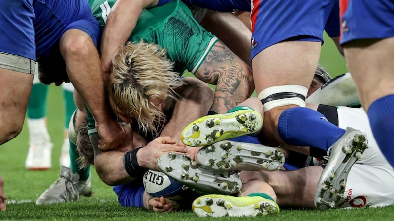 Ireland’s Andrew Porter at the centre of the action during the 2022 Guinness Six Nations Championship game against France at Stade de France, Paris, on Saturday. Photograph: Dan Sheridan/Inpho