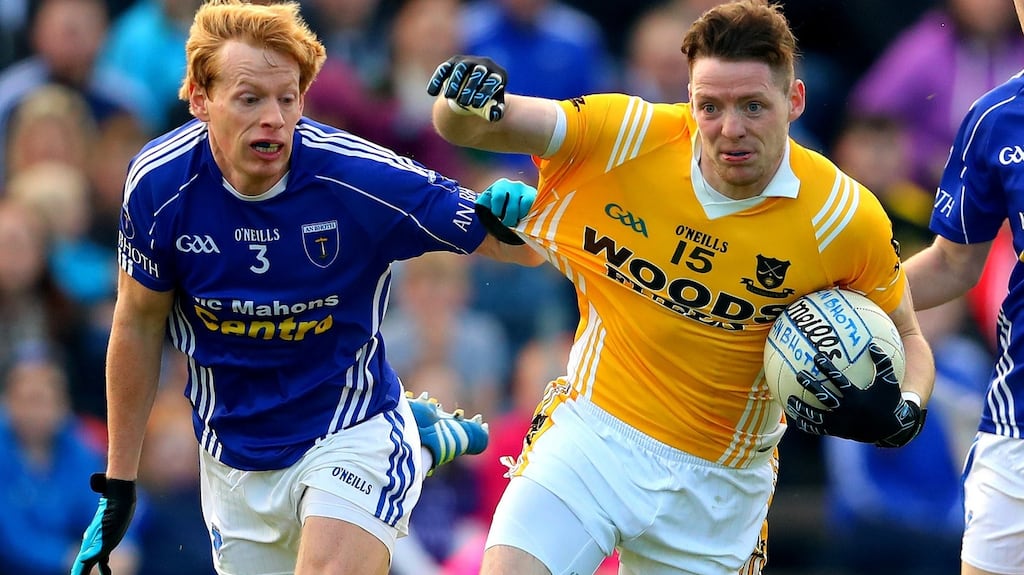 Scotstown’s Mark Duffy and Conor McManus of Clontibret during the Monaghan SFC final. Photograph: James Crombie/Inpho