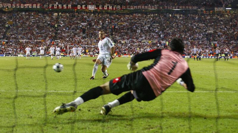Andriy Shevchenko scores the winning penalty against Juventus in the 2003 Champions League final at Old Trafford. Photograph: Laurence Griffiths/Getty