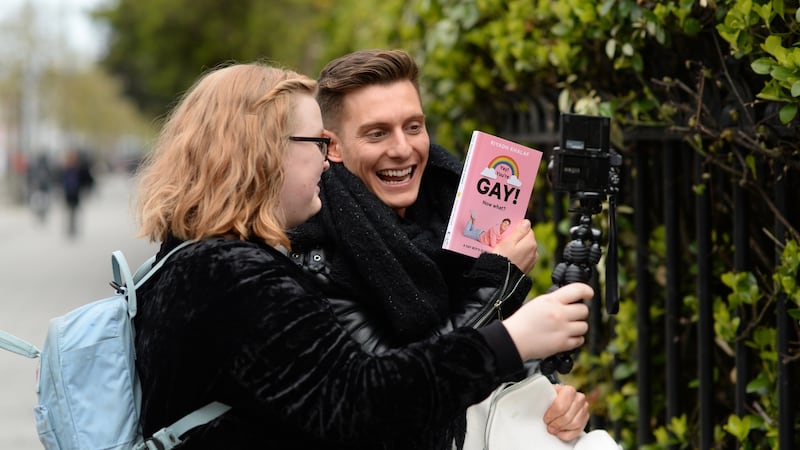Riyadh Khalaf, meets a fan on the street in Dublin. His YouTube channel has almost 372,000 subscribers. Photograph: Dara Mac Dónaill