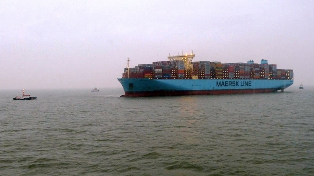 The container ship Maersk Mumbai lies aground in the North Sea about 10km north of the island of Wangerooge, Germany, on Thursday. Photograph: EPA/Havariekommando