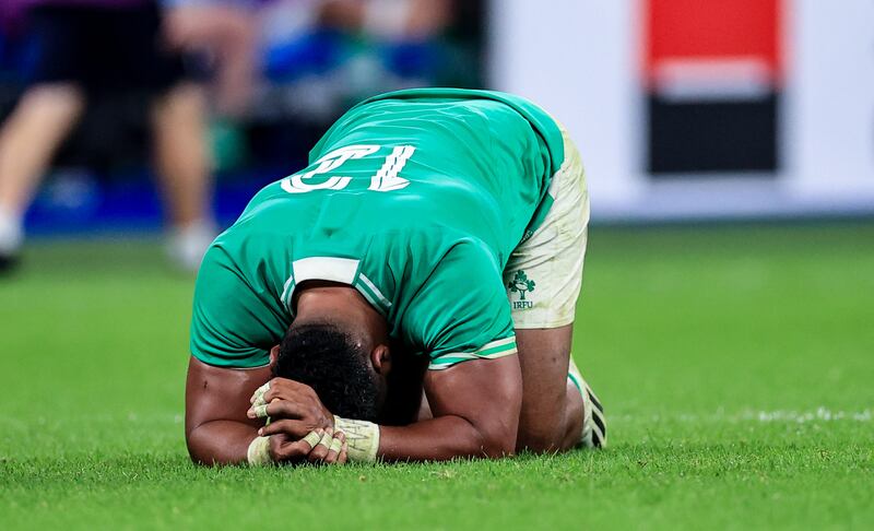 Bundee Aki shows the pain of defeat to New Zealand as Ireland's Rugby World Cup quest came to a crashing halt. Photograph: Billy Stickland/Inpho