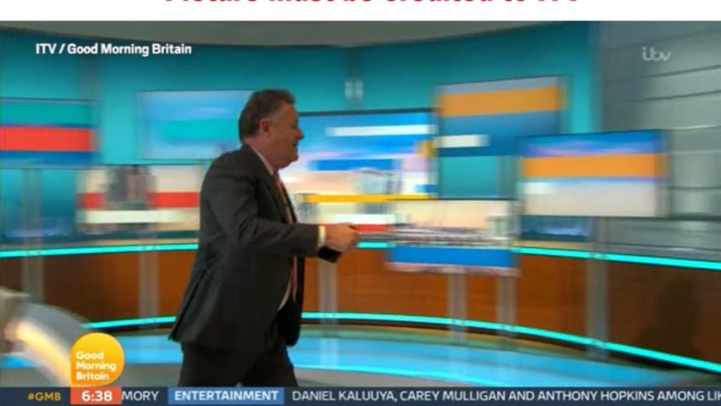 Video grab taken from ITV of presenter Piers Morgan walking off set during a Good Morning Britain discussion about the Duchess of Sussex with his colleague, Alex Beresford. Photograph: ITV/PA