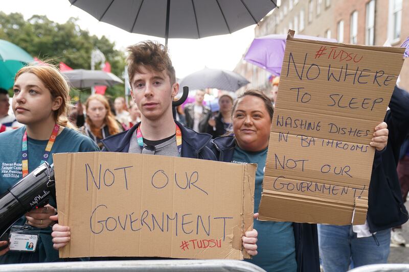 Students take part in a march and rally to highlight the accommodation crisis, at Merrion Square, Dublin, ahead of Budget Day 2024 next week. Photograph: Brian Lawless/PA Wire