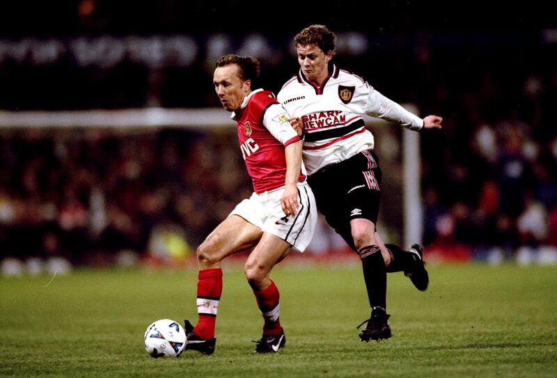 Ole Gunnar Solskjaer tackle Lee Dixon during the famous 1999 FA Cup semi-final replay between Manchester United and Arsenal at Villa Park. Photograph: Shaun Botterill/Getty