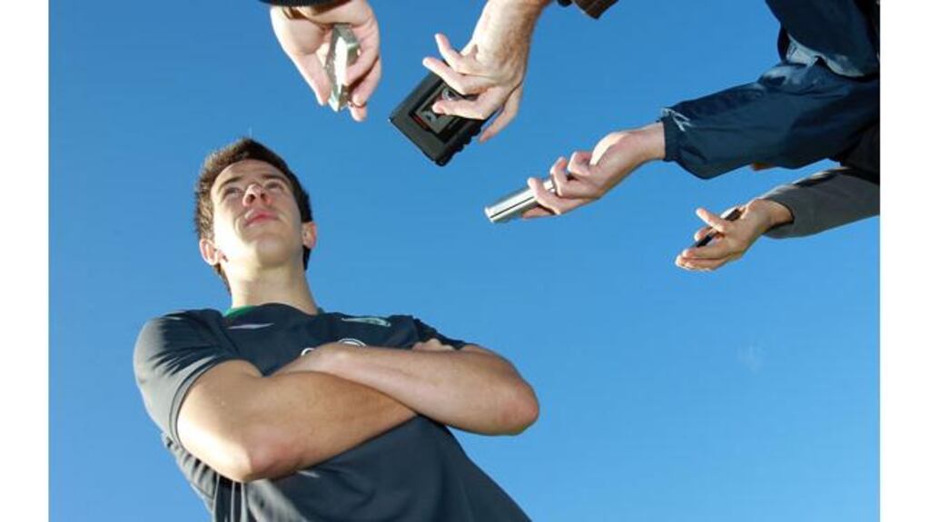 Seán St Ledger chats to reporters after training at Gannon Park in Malahide this morning. Photograph: Donall Farmer/Inpho