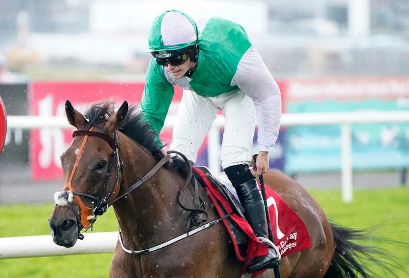Teed Up, ridden by Conor Clarke, on the way to winning the Adare Manor Opportunity Handicap Hurdle at the 2023 Galway festival. Photograph: Niall Carson/PA