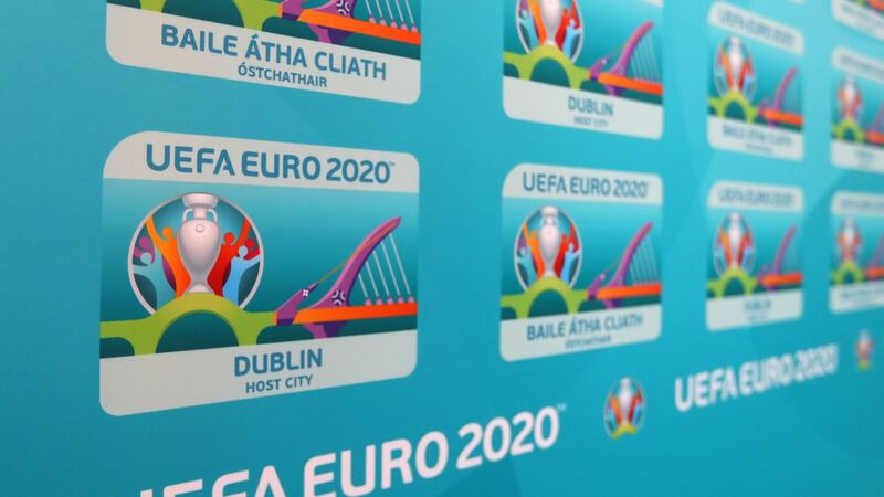 The Euro 2020 Dublin city logo on display at CHQ yesterday. Photograph: James Crombie/Inpho