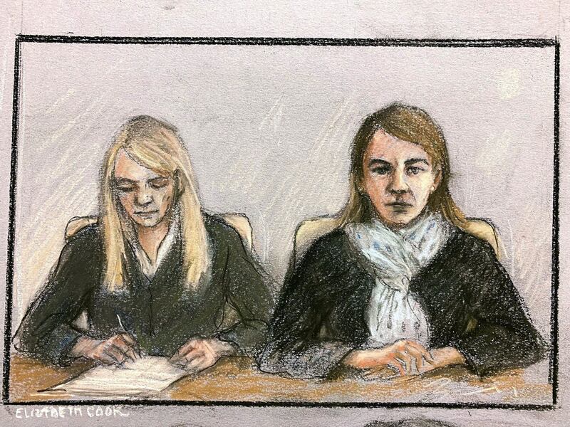 Court artist drawing by Elizabeth Cook of US citizen Anne Sacoolas (45), (right in TV screen) making an appearance at Westminster Magistrates' Court via video-link from the United States on Thursday.