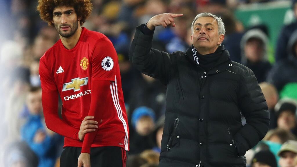 Jose Mourinho, manager of Manchester United, prepares to bring on Marouane Fellaini during their Premier League draw with Everton. Photo: Clive Brunskill/Getty Images