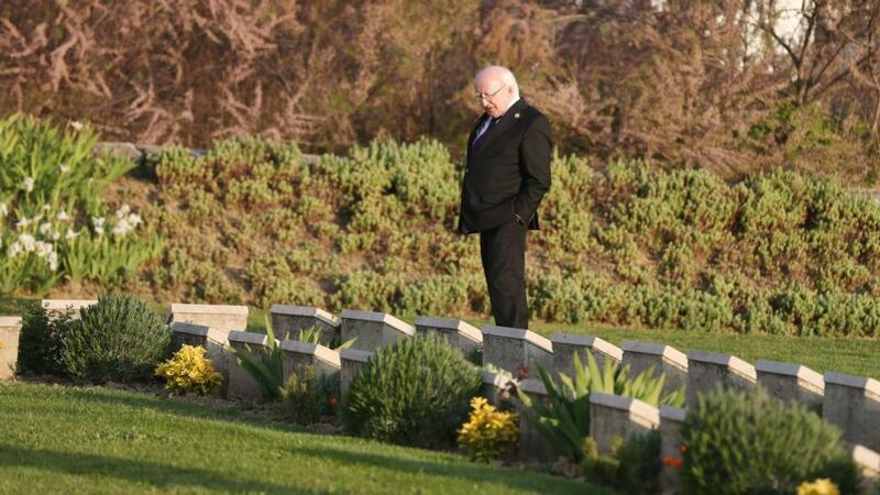 President Michael D Higgins at V Beach cemetery, close to the area where the majority of Irish casualties occurred, to mark the 100th anniversary of the Gallipoli landings in 1915 in Turkey. Photograph: Niall Carson/PA Wire