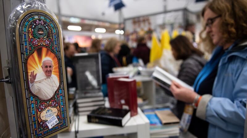 Memorabilia featuring the image of Pope Francis on sale at the Meeting of Families Pastoral Congress in Dublin. Photograph: Will Oliver/EPA