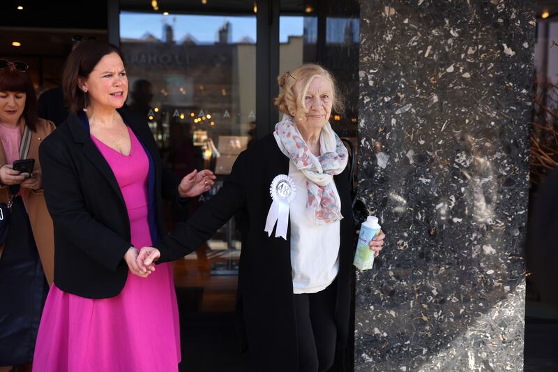 Gertrude Barrett, (mother of Michael Barrett) along with families of the victims of the Stardust meet Mary Lou McDonald, Sinn Féin before meeting Taoiseach this morning. Photograph: Dara Mac Dónaill / The Irish Times
