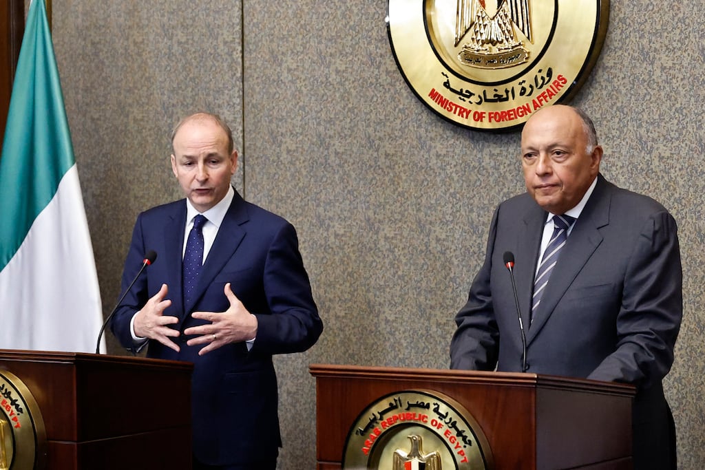 Minister for Foreign Affairs Micheál Martin and Egyptian counterpart Sameh Shoukry at a joint press conference in Cairo on Wednesday. Photograph: Khaled Desouki/Getty