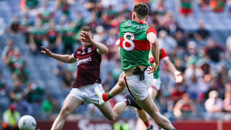 Mayo’s Matthew Ruane scores a late goal during the Connacht SFC Final against Galway at Croke Park. Photograph: Tommy Dickson/Inpho