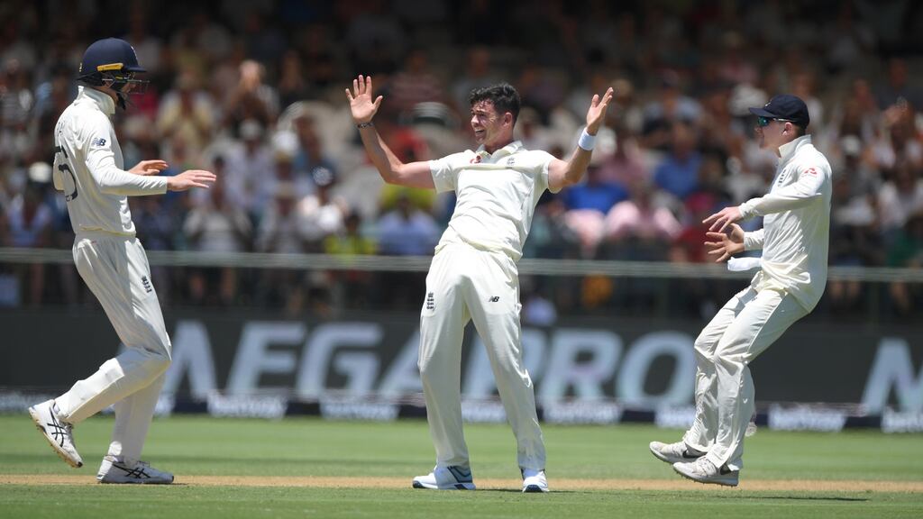 James Anderson celebrates after taking the wicket of Rassie van der Dussen at Newlands. Photograph: Stu Forster/Getty