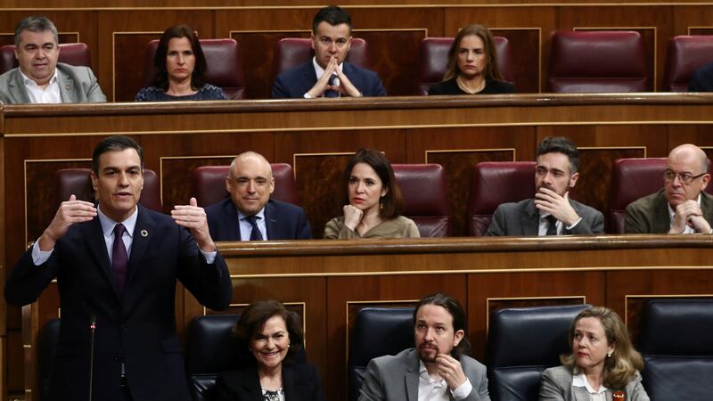 Spain’s prime minister Pedro Sánchez speaks during a cabinet session in Madrid on Wednesday. The country has had four elections over the past four years.   Photograph: Sergio Perez/Reuters