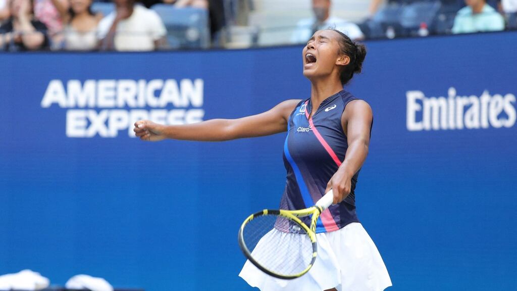 Canada’s Leylah Fernandez reacts after winning her quarter-final against Ukraine’s Elina Svitolina at the US Open. Photograph: Kena Betancur/AFP via Getty Images