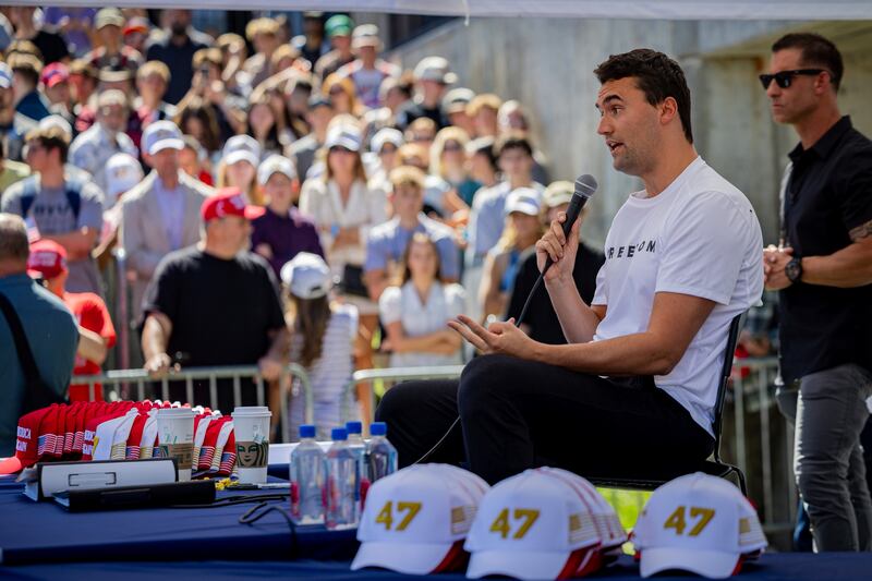 Charlie Kirk speaks to students before he is shot during an open-air event at Utah Valley University in Orem. Photograph: Tess Crowley/The Deseret News via AP
