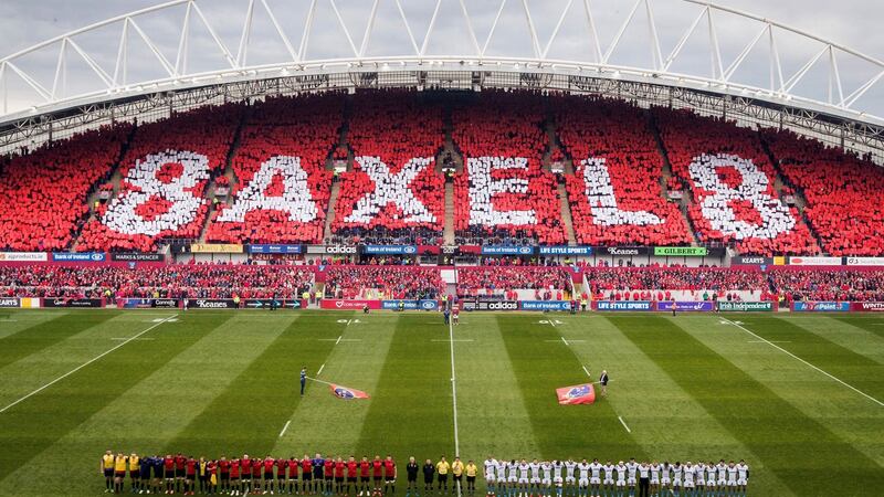 A view of Thomond Park during the minute’s silence in memory of Anthony Foley before the Champions Cup game between Munster and Glasgow Warriors at Thomond Park. Photograph: Ryan Byrne/Inpho