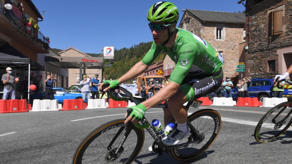 Ireland’s Sam Bennett wearing the Tour de France green jersey during stage 7 from Millau to Lavaur. Photograph: Tim de Waele/Getty Images