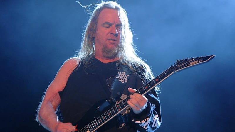 Musician Jeff Hanneman of Slayer performs onstage during The Big 4 held at the Empire Polo Club in Indio, California. Photograph: Kevin Winter/Getty Images
